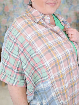 Irina Longline Pastel Plaid Buttondown Top-2- Long Sleeve Tops-WHITE BIRCH-Styled by Stacked - A Plus Size Women's Boutique in Lakeville, MN
