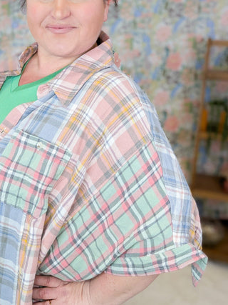 Irina Longline Pastel Plaid Buttondown Top-2- Long Sleeve Tops-WHITE BIRCH-Styled by Stacked - A Plus Size Women's Boutique in Lakeville, MN