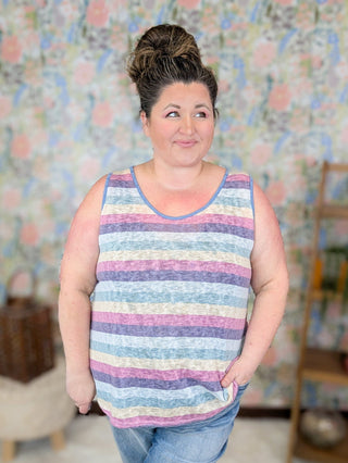 Nicola Scoopneck Stripe Tank Top w/Blue Trim-1- ShortSlv/Slvless Tops-HAPTICS-Styled by Stacked - A Plus Size Women's Boutique in Lakeville, MN