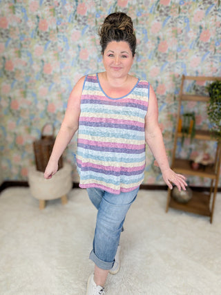 Nicola Scoopneck Stripe Tank Top w/Blue Trim-1- ShortSlv/Slvless Tops-HAPTICS-Styled by Stacked - A Plus Size Women's Boutique in Lakeville, MN