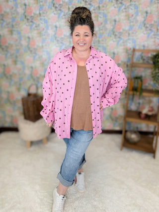 Chrissy Relaxed Button Down Top in Pink Polka Dot-2- Long Sleeve Tops-WHITE BIRCH-Styled by Stacked - A Plus Size Women's Boutique in Lakeville, MN