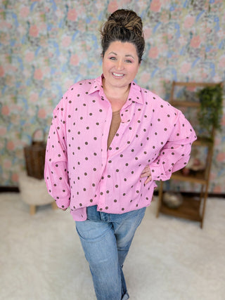 Chrissy Relaxed Button Down Top in Pink Polka Dot-2- Long Sleeve Tops-WHITE BIRCH-Styled by Stacked - A Plus Size Women's Boutique in Lakeville, MN