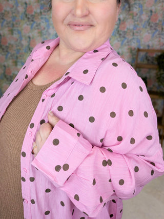 Chrissy Relaxed Button Down Top in Pink Polka Dot-2- Long Sleeve Tops-WHITE BIRCH-Styled by Stacked - A Plus Size Women's Boutique in Lakeville, MN