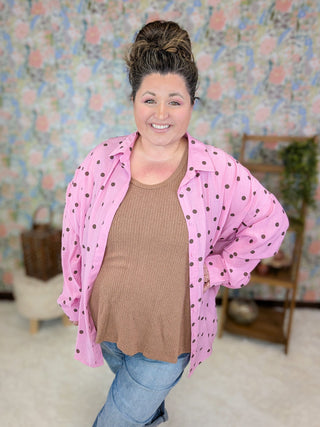 Chrissy Relaxed Button Down Top in Pink Polka Dot-2- Long Sleeve Tops-WHITE BIRCH-Styled by Stacked - A Plus Size Women's Boutique in Lakeville, MN