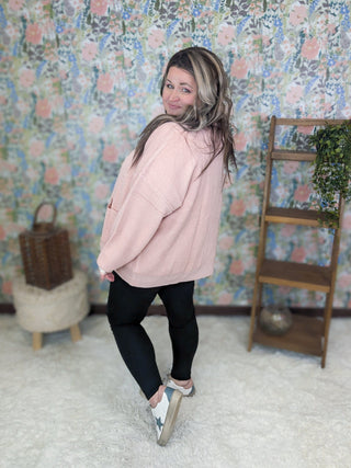 Millie Classic Cardigan in Blush w/Ivory Piping-2- Long Sleeve Tops-WHITE BIRCH-Styled by Stacked - A Plus Size Women's Boutique in Lakeville, MN