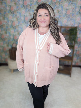 Millie Classic Cardigan in Blush w/Ivory Piping-2- Long Sleeve Tops-WHITE BIRCH-Styled by Stacked - A Plus Size Women's Boutique in Lakeville, MN