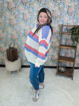 Rayna Summer Knit Sweater in Purple + Coral Stripes-2- Long Sleeve Tops-WHITE BIRCH-Styled by Stacked - A Plus Size Women's Boutique in Lakeville, MN