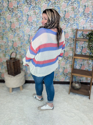 Rayna Summer Knit Sweater in Purple + Coral Stripes-2- Long Sleeve Tops-WHITE BIRCH-Styled by Stacked - A Plus Size Women's Boutique in Lakeville, MN