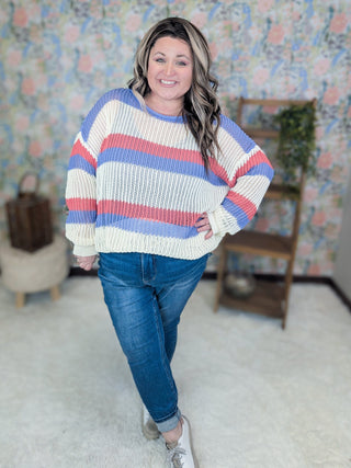 Rayna Summer Knit Sweater in Purple + Coral Stripes-2- Long Sleeve Tops-WHITE BIRCH-Styled by Stacked - A Plus Size Women's Boutique in Lakeville, MN