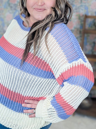 Rayna Summer Knit Sweater in Purple + Coral Stripes-2- Long Sleeve Tops-WHITE BIRCH-Styled by Stacked - A Plus Size Women's Boutique in Lakeville, MN
