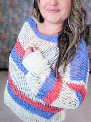 Rayna Summer Knit Sweater in Purple + Coral Stripes-2- Long Sleeve Tops-WHITE BIRCH-Styled by Stacked - A Plus Size Women's Boutique in Lakeville, MN