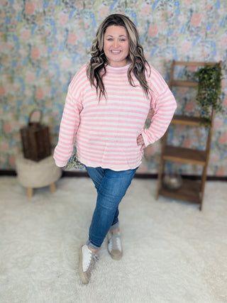 Dawn Rolled Hem Striped Sweater in Pink-2- Long Sleeve Tops-WHITE BIRCH-Styled by Stacked - A Plus Size Women's Boutique in Lakeville, MN