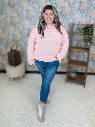 Dawn Rolled Hem Striped Sweater in Pink-2- Long Sleeve Tops-WHITE BIRCH-Styled by Stacked - A Plus Size Women's Boutique in Lakeville, MN