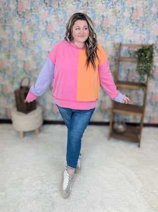 Bristol Colorblock Pullover in Pink, Purple + Orange-2- Long Sleeve Tops-WHITE BIRCH-Styled by Stacked - A Plus Size Women's Boutique in Lakeville, MN
