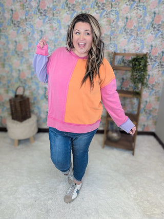 Bristol Colorblock Pullover in Pink, Purple + Orange-2- Long Sleeve Tops-WHITE BIRCH-Styled by Stacked - A Plus Size Women's Boutique in Lakeville, MN