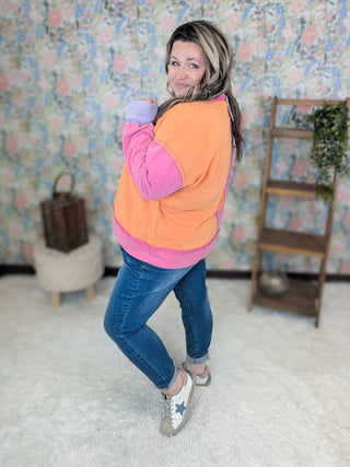 Bristol Colorblock Pullover in Pink, Purple + Orange-2- Long Sleeve Tops-WHITE BIRCH-Styled by Stacked - A Plus Size Women's Boutique in Lakeville, MN