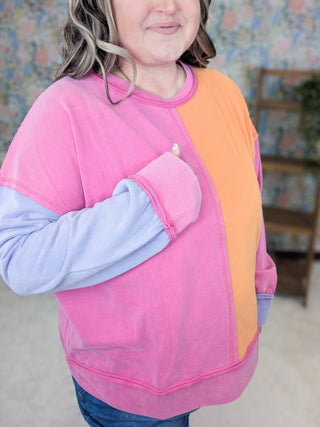 Bristol Colorblock Pullover in Pink, Purple + Orange-2- Long Sleeve Tops-WHITE BIRCH-Styled by Stacked - A Plus Size Women's Boutique in Lakeville, MN