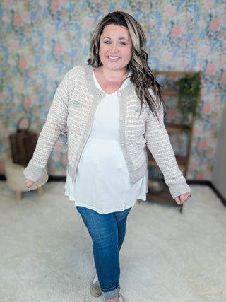 Michaela Tweed Look Cardigan w/Pearl Buttons-4- Overlayer Tops-WHITE BIRCH-Styled by Stacked - A Plus Size Women's Boutique in Lakeville, MN