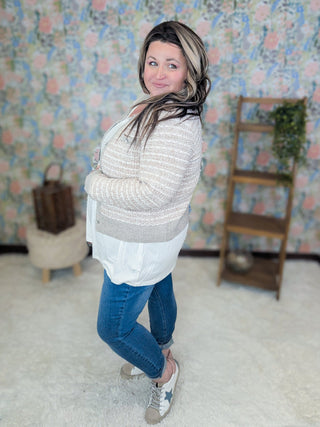 Michaela Tweed Look Cardigan w/Pearl Buttons-4- Overlayer Tops-WHITE BIRCH-Styled by Stacked - A Plus Size Women's Boutique in Lakeville, MN