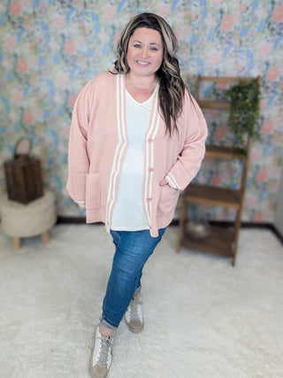 Millie Classic Cardigan in Blush w/Ivory Piping-2- Long Sleeve Tops-WHITE BIRCH-Styled by Stacked - A Plus Size Women's Boutique in Lakeville, MN