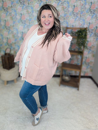 Millie Classic Cardigan in Blush w/Ivory Piping-2- Long Sleeve Tops-WHITE BIRCH-Styled by Stacked - A Plus Size Women's Boutique in Lakeville, MN