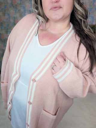 Millie Classic Cardigan in Blush w/Ivory Piping-2- Long Sleeve Tops-WHITE BIRCH-Styled by Stacked - A Plus Size Women's Boutique in Lakeville, MN