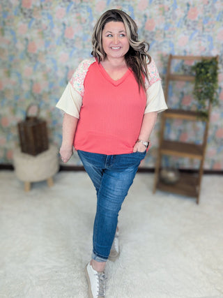 Teri Thermal Vneck Top in Colorblock + Floral-1- ShortSlv/Slvless Tops-HEIMISH-Styled by Stacked - A Plus Size Women's Boutique in Lakeville, MN