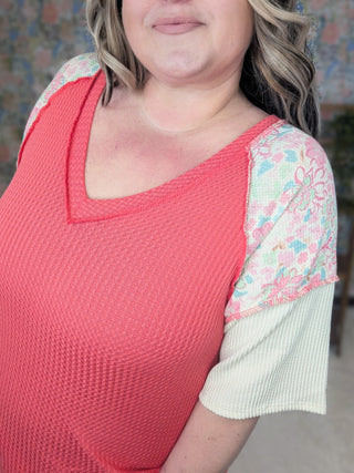Teri Thermal Vneck Top in Colorblock + Floral-1- ShortSlv/Slvless Tops-HEIMISH-Styled by Stacked - A Plus Size Women's Boutique in Lakeville, MN