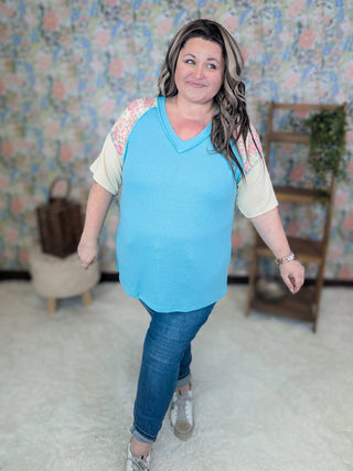 Teri Thermal Vneck Top in Colorblock + Floral-1- ShortSlv/Slvless Tops-HEIMISH-Styled by Stacked - A Plus Size Women's Boutique in Lakeville, MN