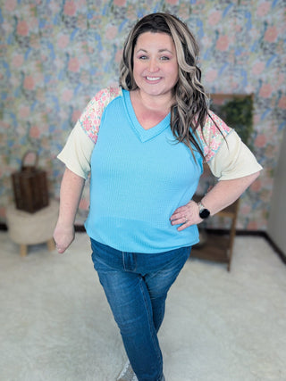 Teri Thermal Vneck Top in Colorblock + Floral-1- ShortSlv/Slvless Tops-HEIMISH-Styled by Stacked - A Plus Size Women's Boutique in Lakeville, MN