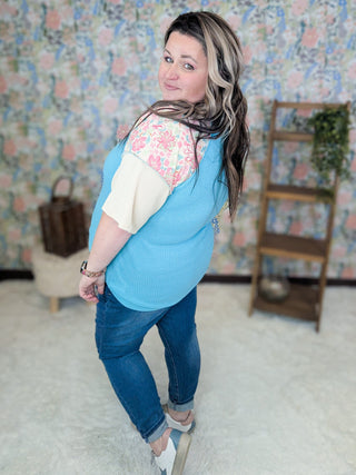 Teri Thermal Vneck Top in Colorblock + Floral-1- ShortSlv/Slvless Tops-HEIMISH-Styled by Stacked - A Plus Size Women's Boutique in Lakeville, MN
