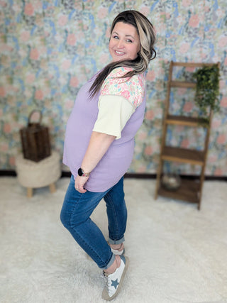 Teri Thermal Vneck Top in Colorblock + Floral-1- ShortSlv/Slvless Tops-HEIMISH-Styled by Stacked - A Plus Size Women's Boutique in Lakeville, MN