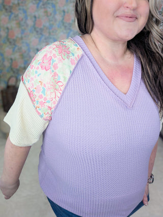 Teri Thermal Vneck Top in Colorblock + Floral-1- ShortSlv/Slvless Tops-HEIMISH-Styled by Stacked - A Plus Size Women's Boutique in Lakeville, MN