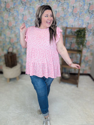 Miles Tiered Flutter Sleeve Top in Pink Ditsy Floral-1- ShortSlv/Slvless Tops-HEIMISH-Styled by Stacked - A Plus Size Women's Boutique in Lakeville, MN