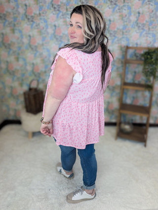 Miles Tiered Flutter Sleeve Top in Pink Ditsy Floral-1- ShortSlv/Slvless Tops-HEIMISH-Styled by Stacked - A Plus Size Women's Boutique in Lakeville, MN