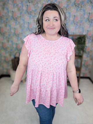 Miles Tiered Flutter Sleeve Top in Pink Ditsy Floral-1- ShortSlv/Slvless Tops-HEIMISH-Styled by Stacked - A Plus Size Women's Boutique in Lakeville, MN