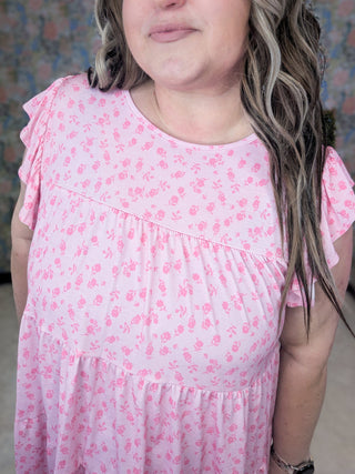 Miles Tiered Flutter Sleeve Top in Pink Ditsy Floral-1- ShortSlv/Slvless Tops-HEIMISH-Styled by Stacked - A Plus Size Women's Boutique in Lakeville, MN