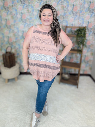 Amber Blocked Floral Stripe Tank in Peach-1- ShortSlv/Slvless Tops-EMERALD-Styled by Stacked - A Plus Size Women's Boutique in Lakeville, MN