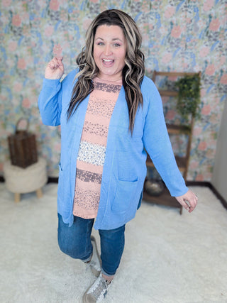 Vivian Cardigan w/Side Slits in Cornflower Blue-4- Overlayer Tops-EMERALD-Styled by Stacked - A Plus Size Women's Boutique in Lakeville, MN