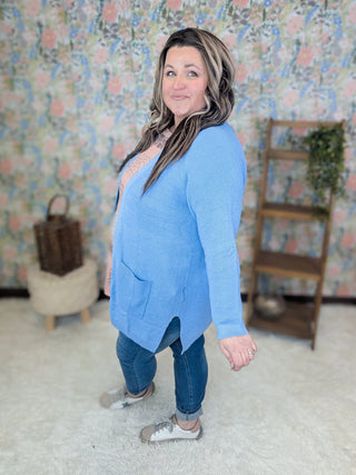 Vivian Cardigan w/Side Slits in Cornflower Blue-4- Overlayer Tops-EMERALD-Styled by Stacked - A Plus Size Women's Boutique in Lakeville, MN