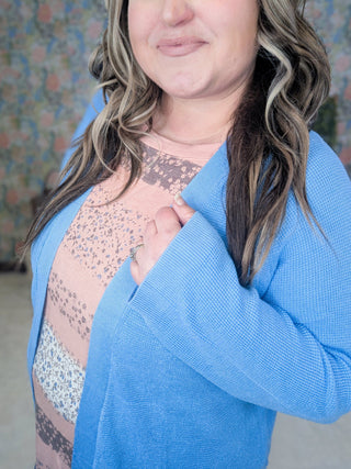 Vivian Cardigan w/Side Slits in Cornflower Blue-4- Overlayer Tops-EMERALD-Styled by Stacked - A Plus Size Women's Boutique in Lakeville, MN