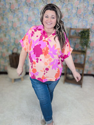 Lucille Short Sleeve Collared Blouse in Fuchsia, Coral + Peach Floral-1- ShortSlv/Slvless Tops-WHITE BIRCH-Styled by Stacked - A Plus Size Women's Boutique in Lakeville, MN