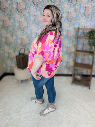 Lucille Short Sleeve Collared Blouse in Fuchsia, Coral + Peach Floral-1- ShortSlv/Slvless Tops-WHITE BIRCH-Styled by Stacked - A Plus Size Women's Boutique in Lakeville, MN