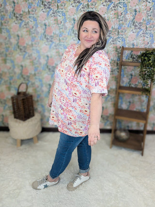 Sophie Vneck Tee in Coral Sunset Floral-1- ShortSlv/Slvless Tops-MICHELLE MAE-Styled by Stacked - A Plus Size Women's Boutique in Lakeville, MN