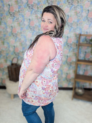 Cole Floral Tank in Sunset Coral-1- ShortSlv/Slvless Tops-MICHELLE MAE-Styled by Stacked - A Plus Size Women's Boutique in Lakeville, MN