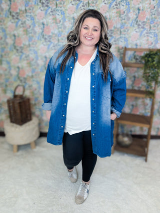 Rebecca Long Sleeve Denim Tunic w/Pockets-11- Dress/Romp/Jump-WHITE BIRCH-Styled by Stacked - A Plus Size Women's Boutique in Lakeville, MN