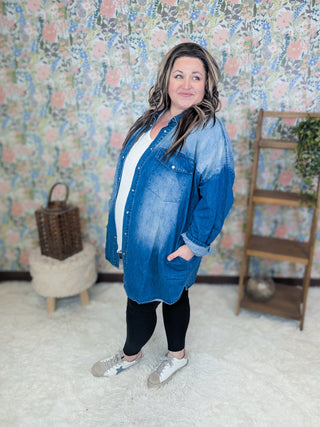 Rebecca Long Sleeve Denim Tunic w/Pockets-11- Dress/Romp/Jump-WHITE BIRCH-Styled by Stacked - A Plus Size Women's Boutique in Lakeville, MN