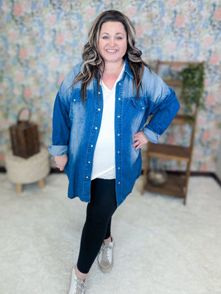 Rebecca Long Sleeve Denim Tunic w/Pockets-11- Dress/Romp/Jump-WHITE BIRCH-Styled by Stacked - A Plus Size Women's Boutique in Lakeville, MN
