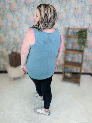 Gayle Lace Trimmed Vneck Tank in Washed Teal-1- ShortSlv/Slvless Tops-EMERALD-Styled by Stacked - A Plus Size Women's Boutique in Lakeville, MN