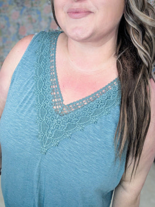 Gayle Lace Trimmed Vneck Tank in Washed Teal-1- ShortSlv/Slvless Tops-EMERALD-Styled by Stacked - A Plus Size Women's Boutique in Lakeville, MN
